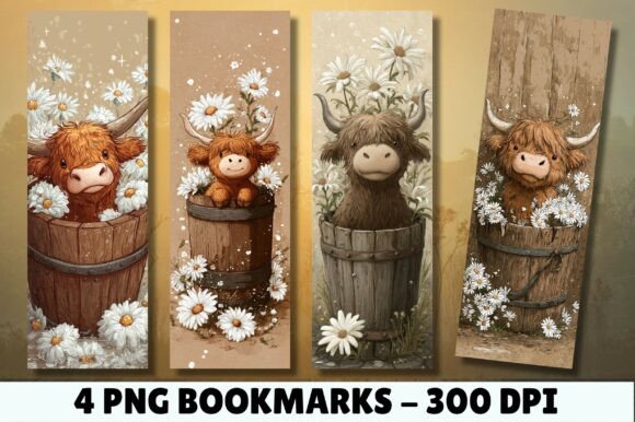 Download Highland Cow Daisy Barrel Art Bookmark - Book Collection